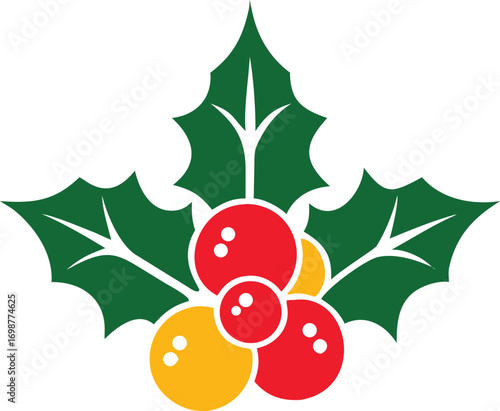 Green holly leaves are arranged with red and yellow berries on white background