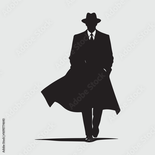 Black silhouette of a man in a fedora hat and trench coat walking with hands in pockets vector
