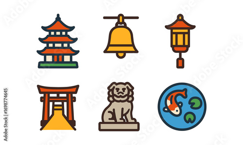 Colorful flat icons of japanese landmarks and symbols