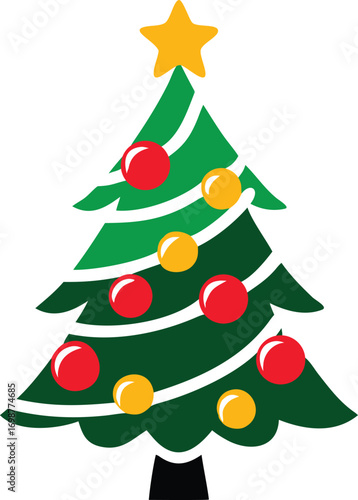 Green Christmas tree adorned with red and yellow ornaments has a transparent background