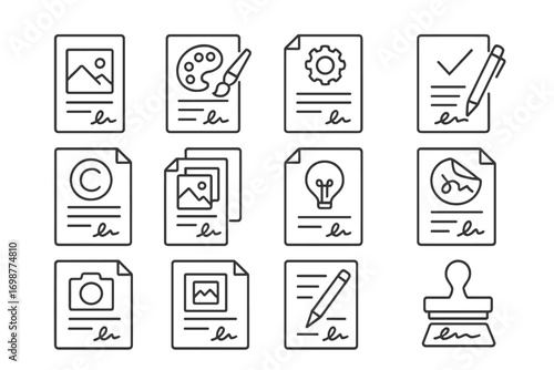Creative Contract Icons. Line style icons of creative contracts: illustration agreement file, artwork commission contract, project