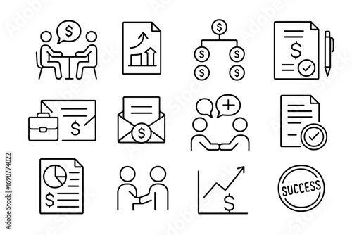 Salary Negotiation Icons. Line style icons of salary negotiations: employee and HR discussion, salary increase form, pay scale