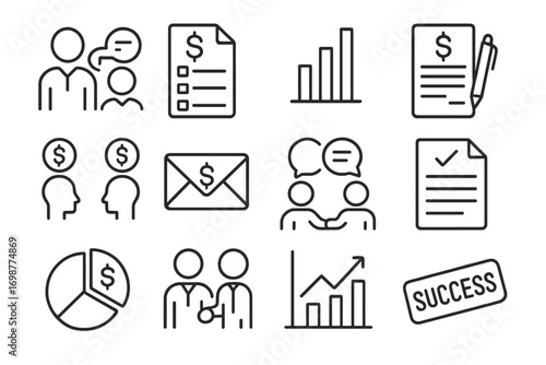 Salary Negotiation Icons. Line style icons of salary negotiations: employee and HR discussion, salary increase form, pay scale