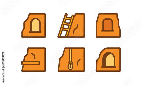 Cartoon cave entrances with different access methods in flat design
