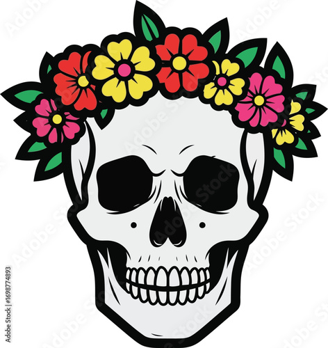 Skull with flower crown vector illustration