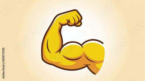 A simple, flat design illustration of a flexing bicep muscle in bright yellow color. 