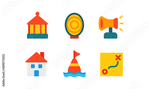 Colorful flat icons of bank, target, megaphone, house, buoy, and map
