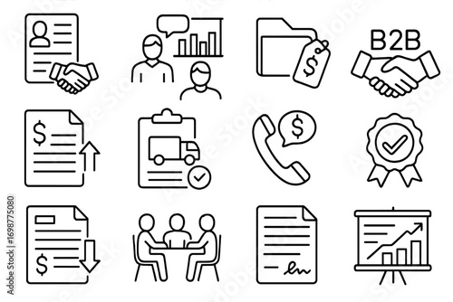 Vendor Negotiation Icons. Line style icons of vendor negotiations: supplier agreement form, inventory chart discussion, product