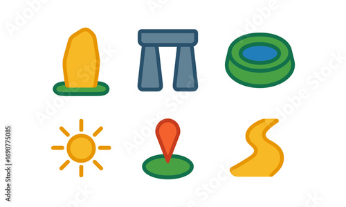 Colorful flat icons of monuments, sun, and map elements with bold lines