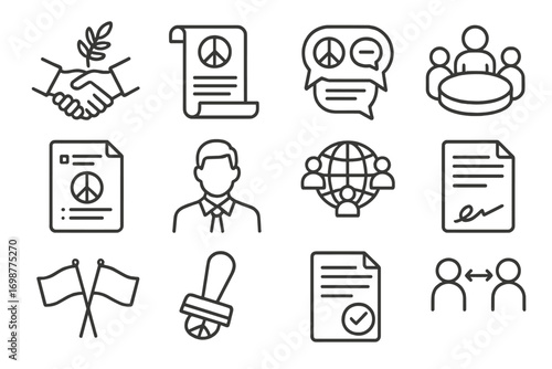 Peace Negotiation Icons. Line style icons of peace negotiations: olive branch handshake, peace treaty scroll, truce agreement file