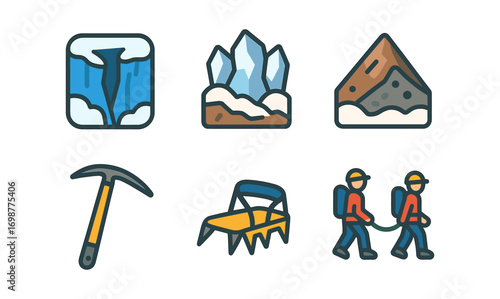 Adventure icons: hiking and climbing gear emblems in colorful icon style