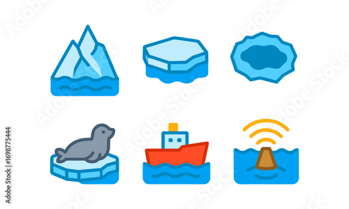 Polar icons: cartoon style arctic elements including icebergs, seals, ships, and buoys