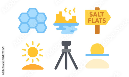 Colorful flat icons of geothermal salt flats and landscape elements