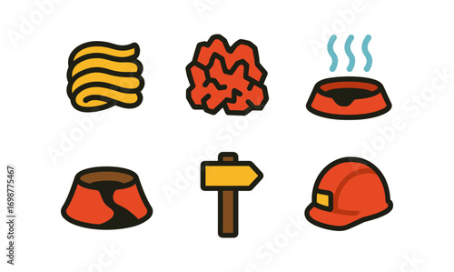 Bold outline icons of pasta, rocks, steaming bowl, volcano, signpost, helmet