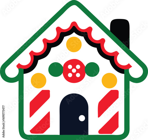 Simplified gingerbread house with candy decoration features vibrant green outline on a transparent background
