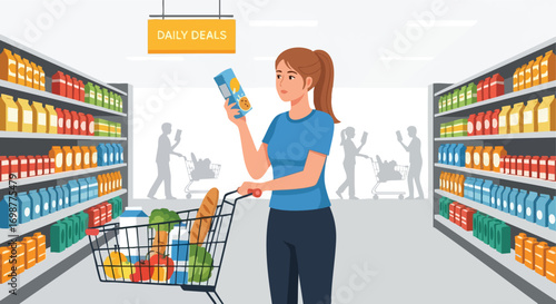 Woman Shopping and Examining a Product in a Supermarket Aisle