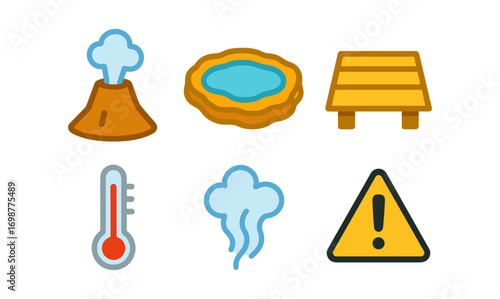 Geothermal icons set: volcanic, pool, platform, thermometer, steam, caution