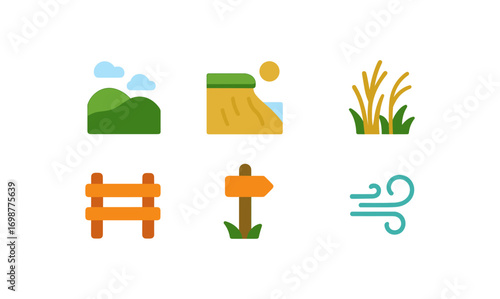 Minimalist nature icons set featuring landscape, agriculture, and weather symbols