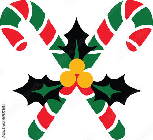 Two candy canes intersect behind bright holly leaves and berries on a transparent background