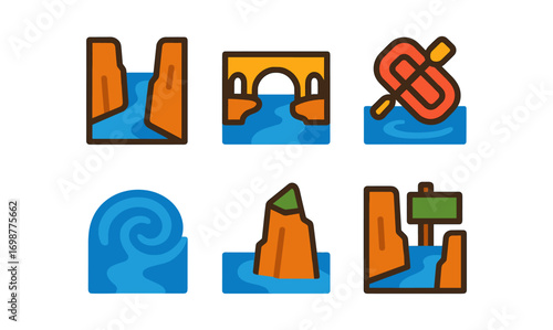 Minimalist flat icons of coastal landmarks and river adventures