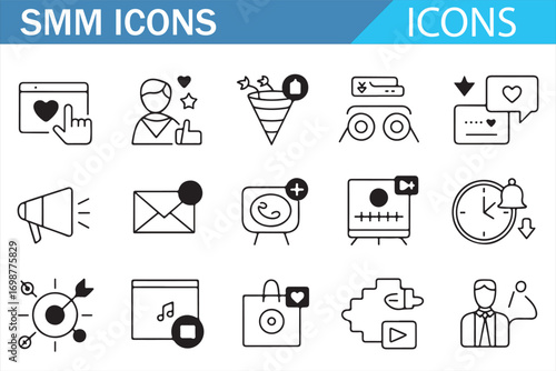 Internet SMM icons vector pack with megaphone, user profile, and campaign elements