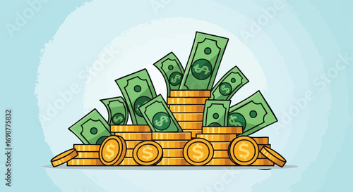 Large Stack of Money with Coins and Banknotes