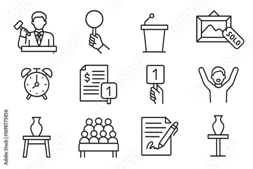 Classic Auction Icons. Line style icons of classic auctions: auctioneer with gavel, raised bid paddle, auction podium icon, sold