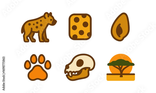 African wildlife and nature icons: hyena, acacia tree, skull, paw, dice, seed