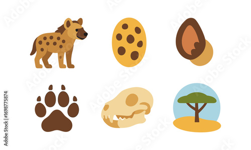 Flat style african wildlife icons with hyena, egg, and skull