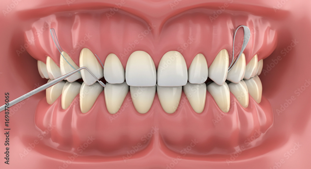 Obraz premium Achieve a radiant smile with professional dental flossing technique, ensuring pristine oral hygiene and gum health for ultimate confidence.
