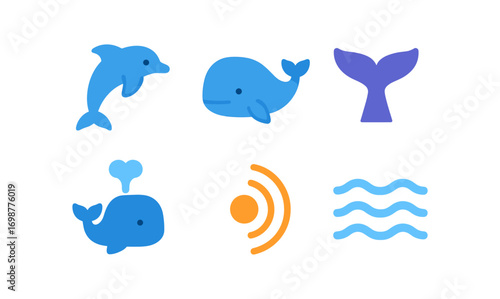 Colorful sea life icons with waves and communication symbols