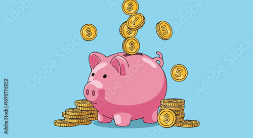Golden Coins Falling into a Pink Piggy Bank