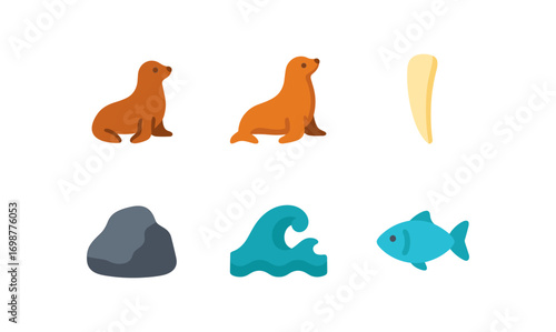 Cute seal and ocean icons set for marine life themes