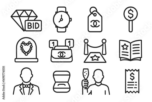 Luxury Auction Icons. Line style icons of luxury auctions: diamond with bid label, watch display icon, luxury brand tag, auction