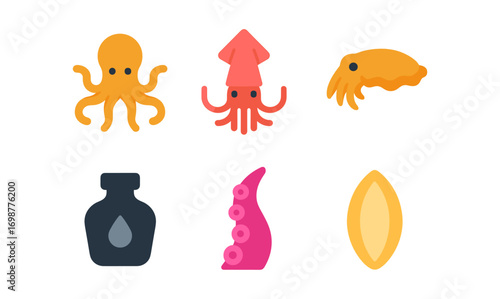Colorful marine icons: octopus, squid, and nautical elements in flat design