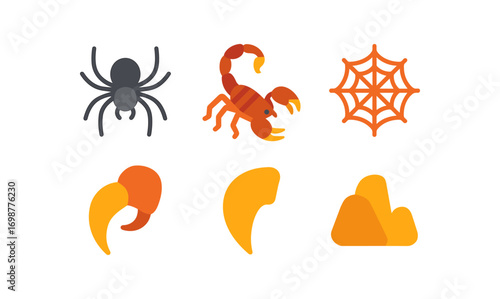 Flat style spider and scorpion icons with web and claws in minimalist design