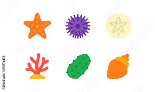 Marine life icons in flat design: starfish, sea urchin, coral, and more
