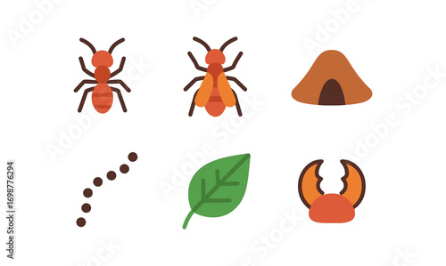 Colorful ant and nature icons: minimalist flat design of ants, anthill, and nature elements