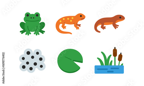 Cute amphibian icon set featuring frog, salamander, and pond elements