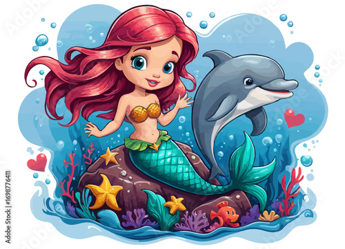 Vector drawing for children t-shirt. Cartoon little mermaid with dolphin and starfish, heart at bottom of ocean under water on white background. Design for textile, paper, fabric, clothing for kids. 