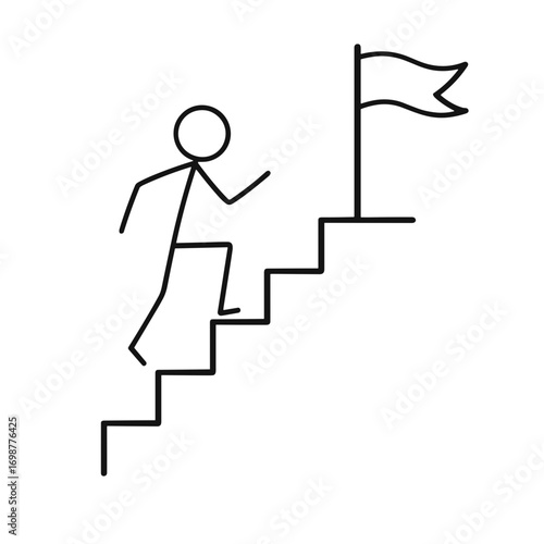 Stick figure running up stairs towards a flag in minimalist design  