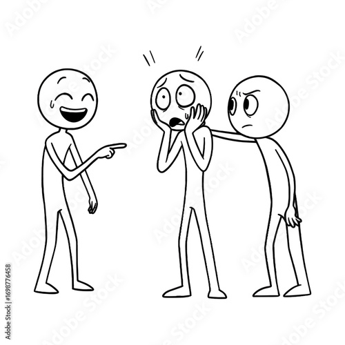 Stick figure illustration of bullying, one character laughing, one character looking scared, and another intimidating from behind  