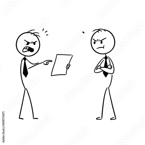 Angry businessman pointing at document while another man stands upset  