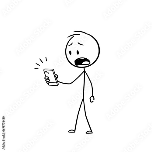 Stick figure man looking shocked while holding a smartphone  