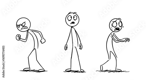 Stick figures expressing anger, surprise, and fear in sequence  