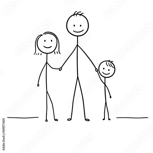 Happy stick figure family holding hands in simple line art design  