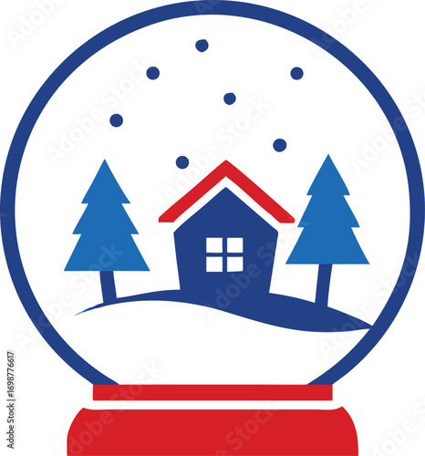 Red roofed house with blue trees resides within a clear snow globe