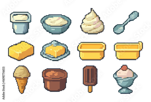 Pixel art dairy collection: diverse dairy products including butter, cheese, ice cream, and yogurt