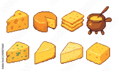 Pixel art variety of cheeses with yellow background