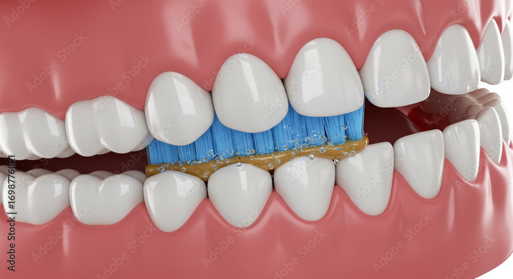 Obraz premium Sparkling white teeth get a thorough clean as a blue toothbrush with toothpaste and water bubbles scrubs away plaque